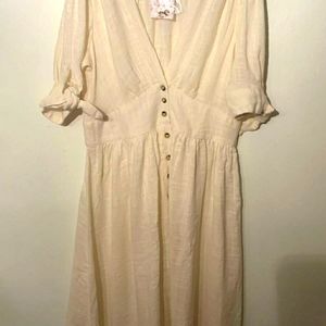 free people dress ivory size L long time one  sleeve deep v-neck  with buttons
